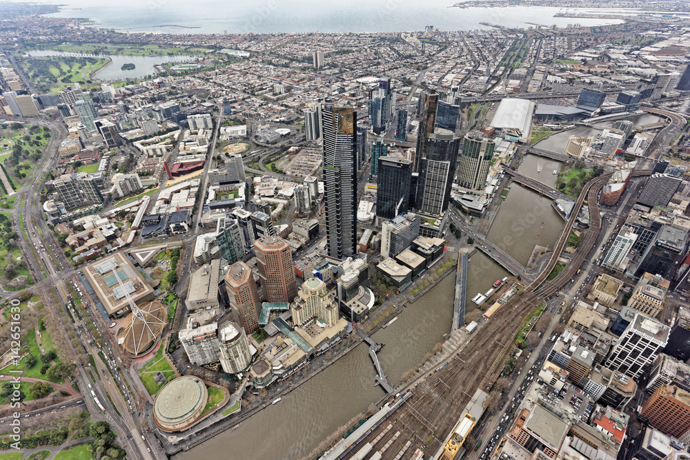Fototapeta premium Aerial view over Southbank, Melbourne, under overcast skies (Victoria, Australia)