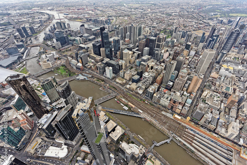 Aerial view over Southbank and Melbourne CBD under overcast skies  Victoria  Australia 