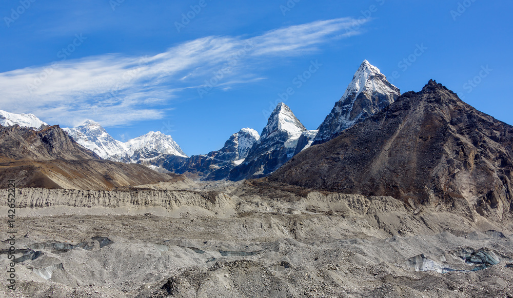 Panorama of Gokyo glacier and Nirekha (6169 m), Kangchung (6062 m), and Chola (6069 m) with Mount Everest (8848 m) on background - Gokyo region, Nepal, Himalayas