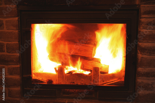 Burning fireplace  closeup