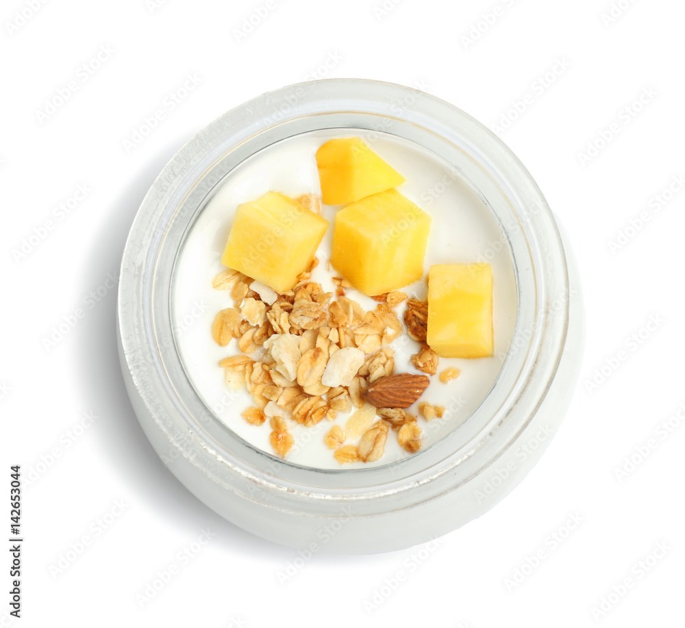 Delicious dessert with mango in jar on white background Delicious dessert with mango in jar on white background
