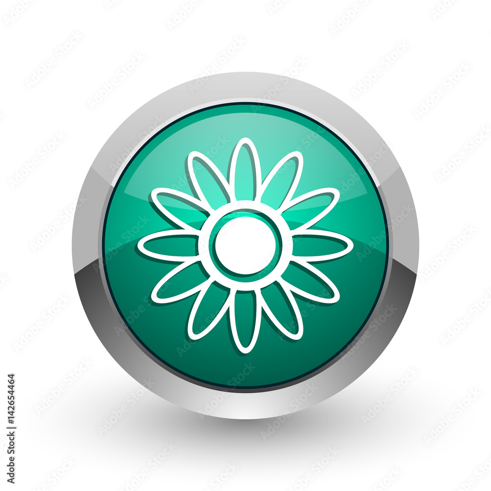 Flower silver metallic chrome web design green round internet icon with shadow on white background.