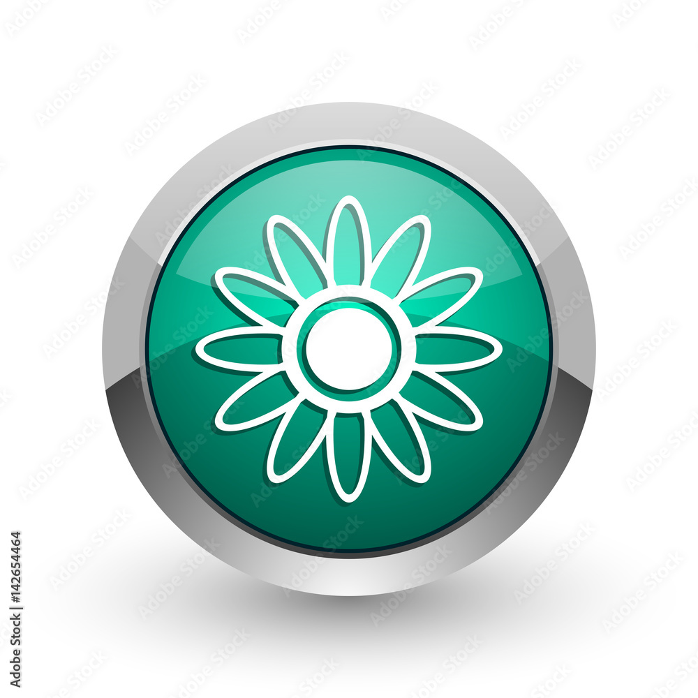 Flower silver metallic chrome web design green round internet icon with shadow on white background. Flower silver metallic chrome web design green round internet icon with shadow on white background.
