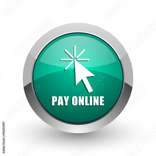 Pay online silver metallic chrome web design green round internet icon with shadow on white background.