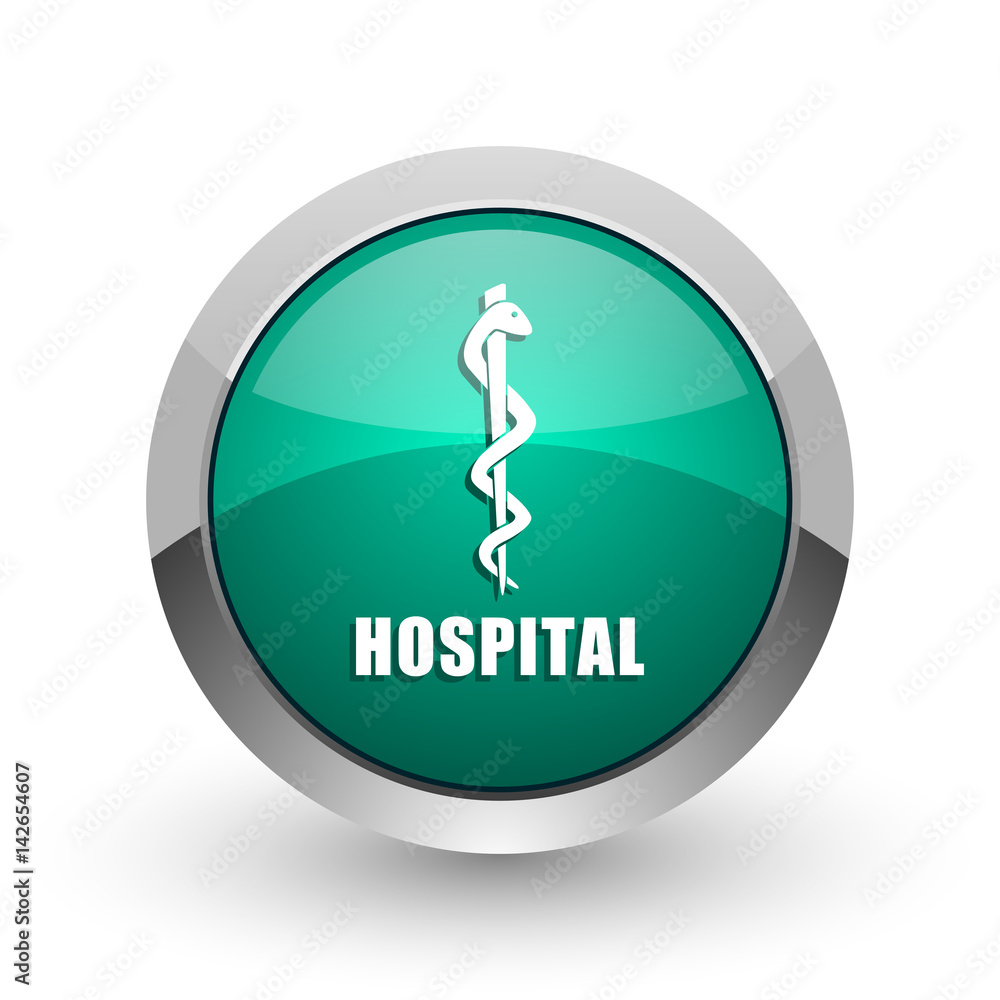 Hospital silver metallic chrome web design green round internet icon with shadow on white background. Hospital silver metallic chrome web design green round internet icon with shadow on white background.