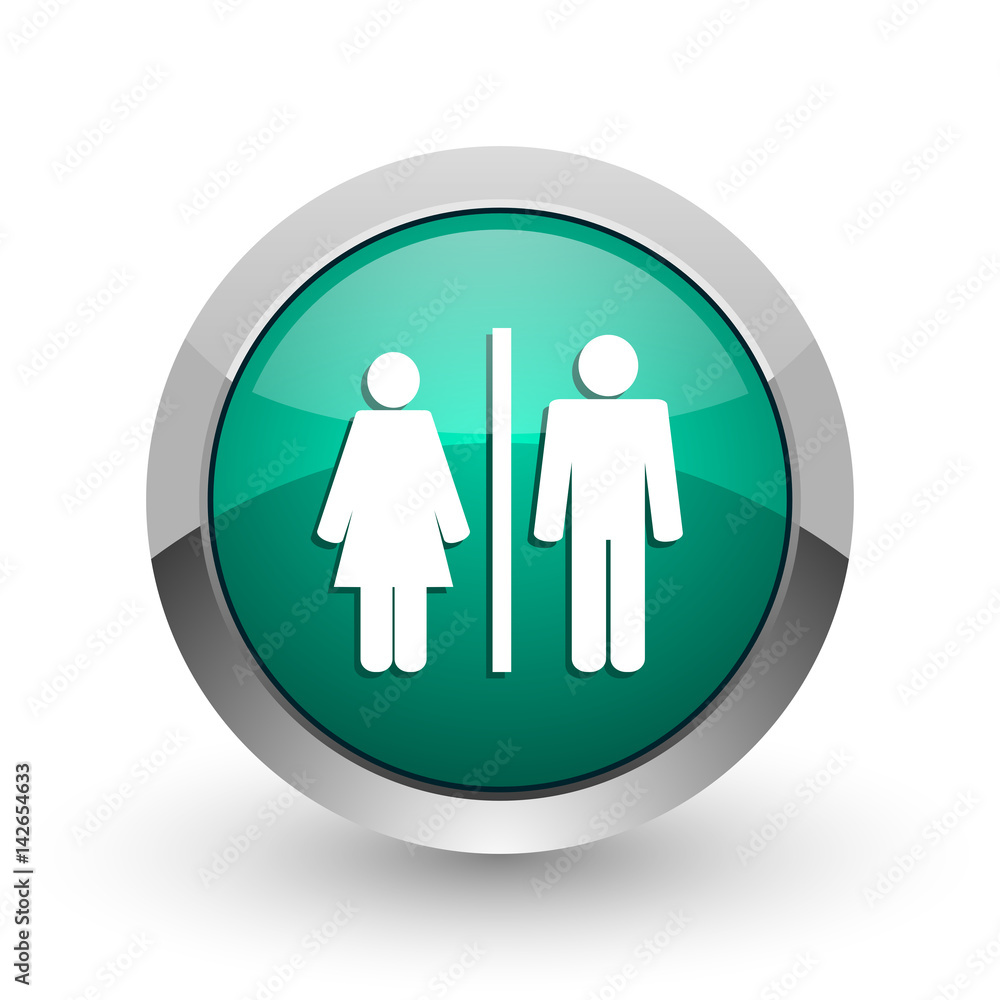 Man and Woman silver metallic chrome web design green round internet icon with shadow on white background. Man and Woman silver metallic chrome web design green round internet icon with shadow on white background.