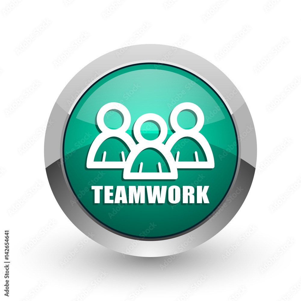 Teamwork silver metallic chrome web design green round internet icon with shadow on white background. Teamwork silver metallic chrome web design green round internet icon with shadow on white background.
