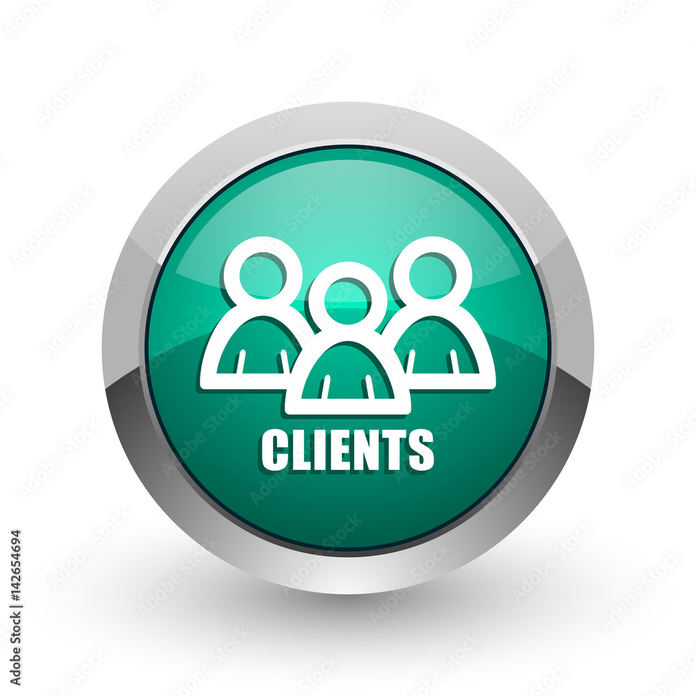 Clients silver metallic chrome web design green round internet icon with shadow on white background. Clients silver metallic chrome web design green round internet icon with shadow on white background.