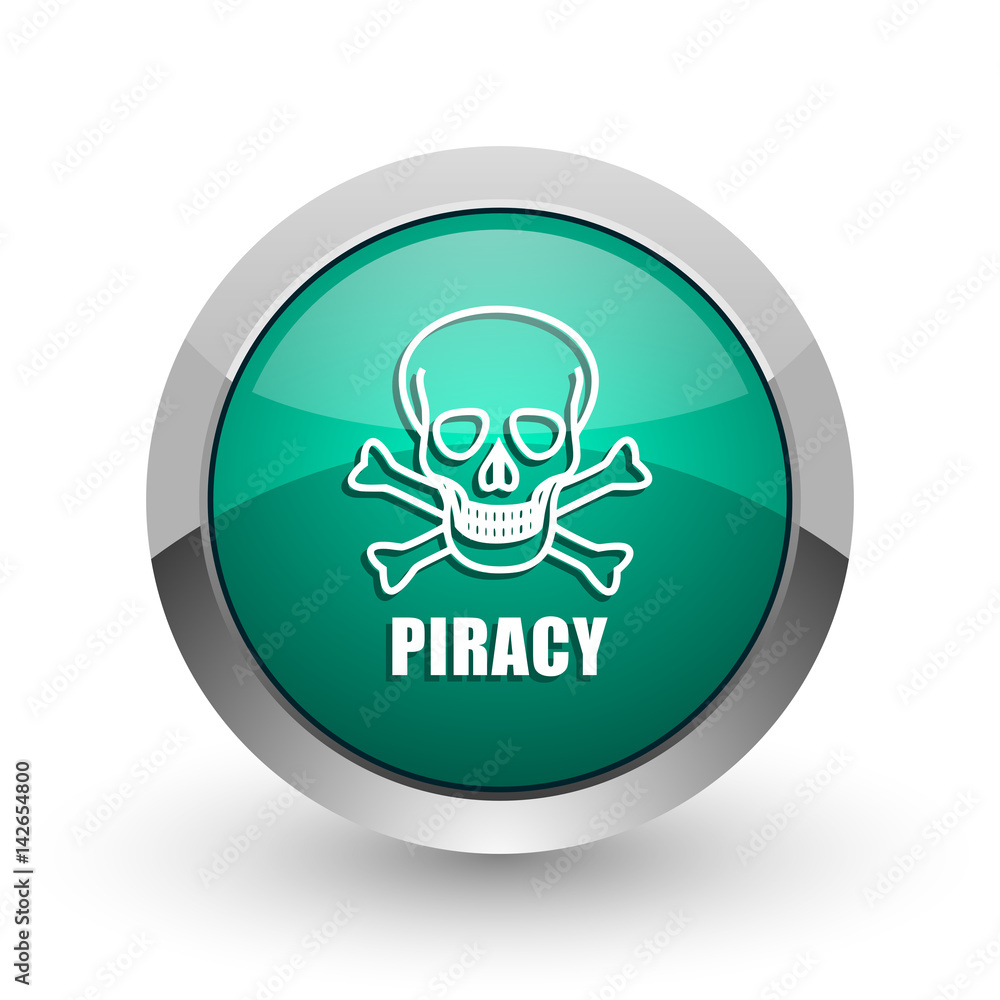 Piracy skull silver metallic chrome web design green round internet icon with shadow on white background. Piracy skull silver metallic chrome web design green round internet icon with shadow on white background.