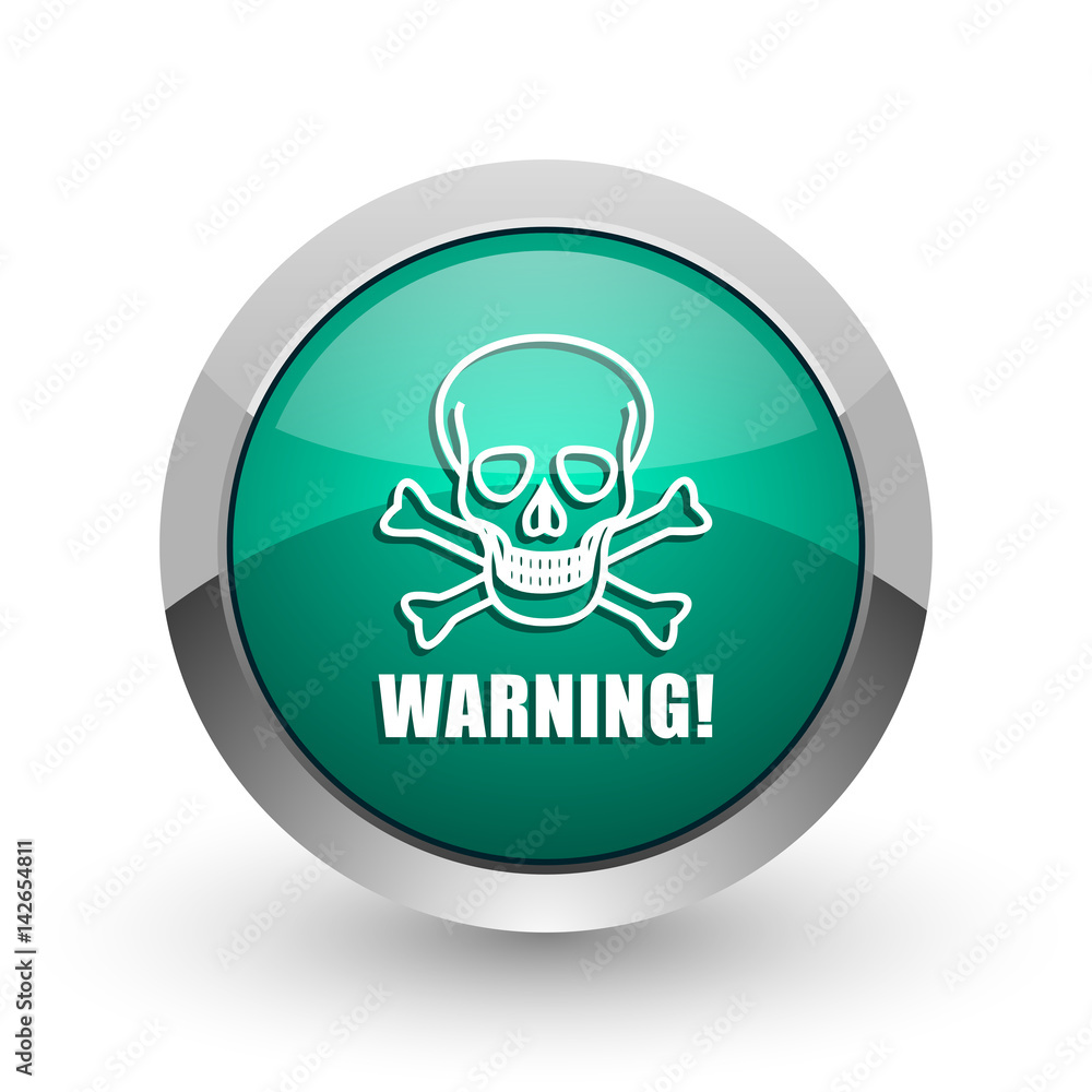 Warning skull silver metallic chrome web design green round internet icon with shadow on white background.