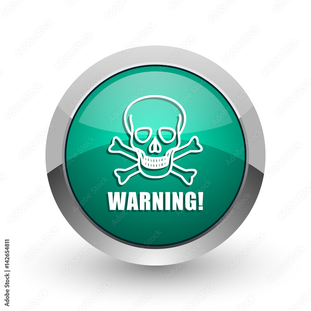 Warning skull silver metallic chrome web design green round internet icon with shadow on white background. Warning skull silver metallic chrome web design green round internet icon with shadow on white background.