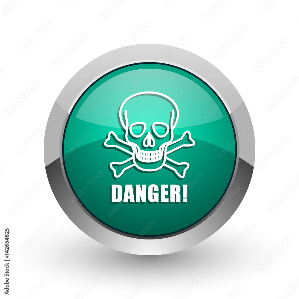 Danger skull silver metallic chrome web design green round internet icon with shadow on white background. Danger skull silver metallic chrome web design green round internet icon with shadow on white background.