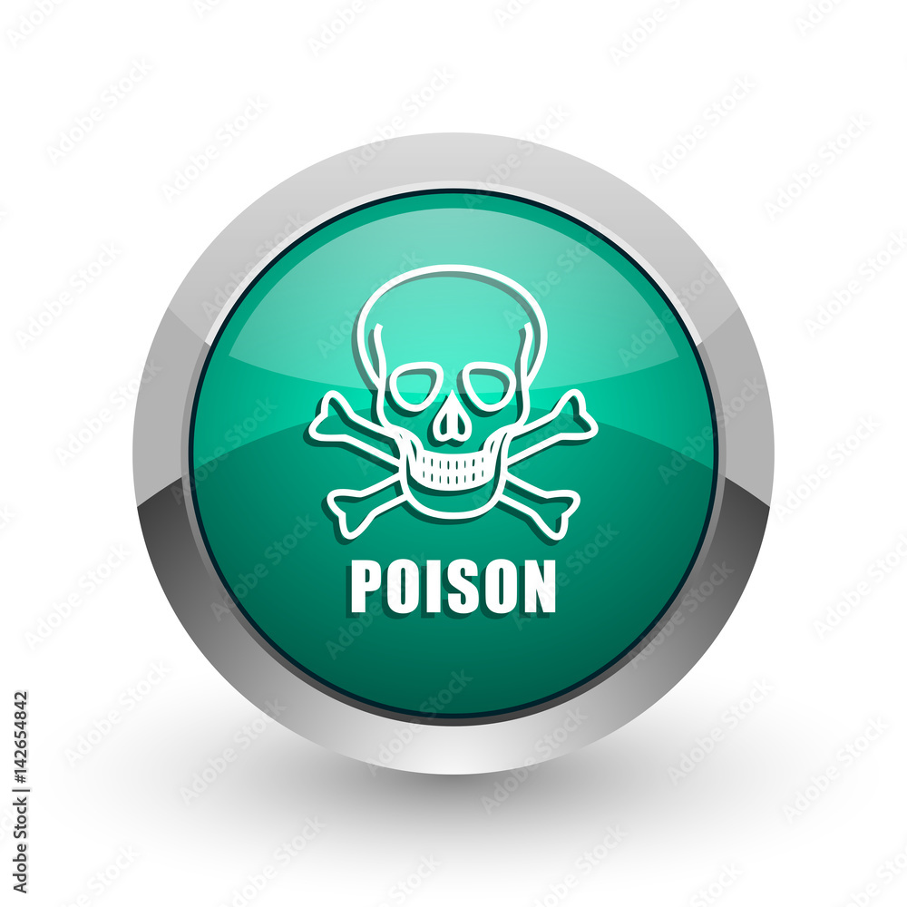 Poison skull silver metallic chrome web design green round internet icon with shadow on white background. Poison skull silver metallic chrome web design green round internet icon with shadow on white background.