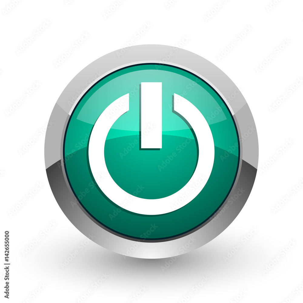 Power silver metallic chrome web design green round internet icon with shadow on white background. Power silver metallic chrome web design green round internet icon with shadow on white background.