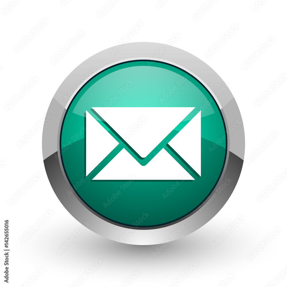 Email silver metallic chrome web design green round internet icon with shadow on white background. Email silver metallic chrome web design green round internet icon with shadow on white background.