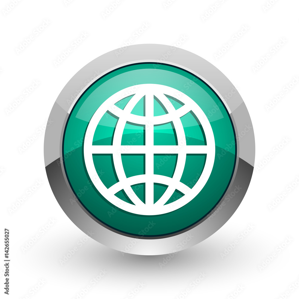 Earth silver metallic chrome web design green round internet icon with shadow on white background. Earth silver metallic chrome web design green round internet icon with shadow on white background.