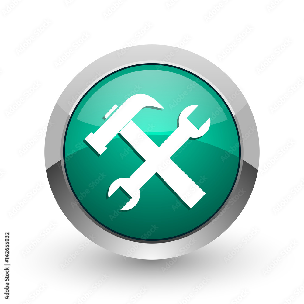 Tool silver metallic chrome web design green round internet icon with shadow on white background. Tool silver metallic chrome web design green round internet icon with shadow on white background.