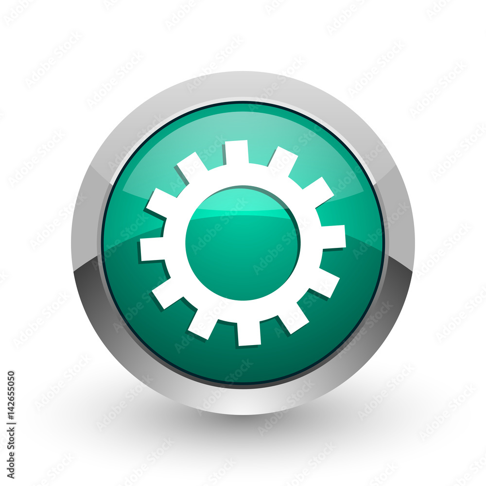 Gear silver metallic chrome web design green round internet icon with shadow on white background. Gear silver metallic chrome web design green round internet icon with shadow on white background.