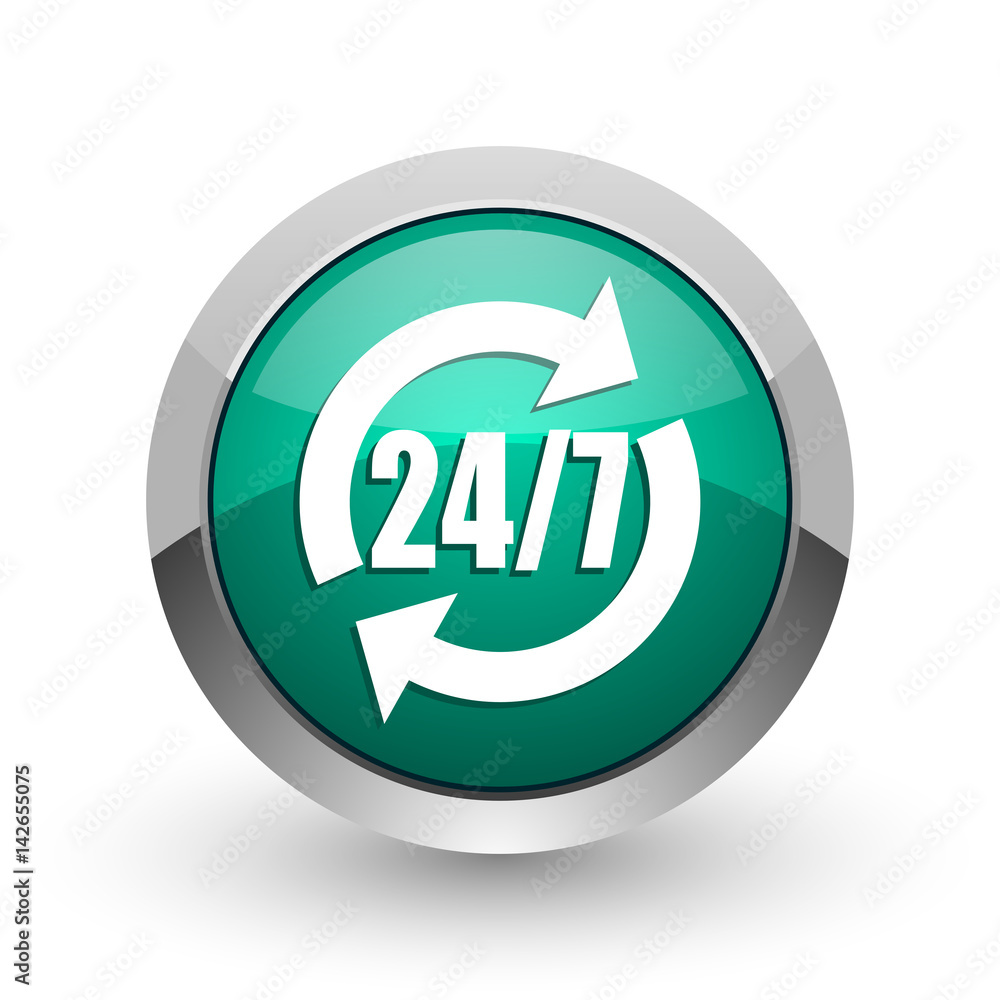 Service silver metallic chrome web design green round internet icon with shadow on white background. Service silver metallic chrome web design green round internet icon with shadow on white background.