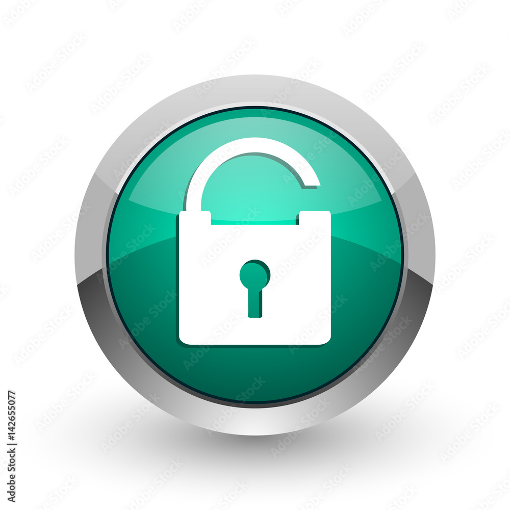 Padlock silver metallic chrome web design green round internet icon with shadow on white background. Padlock silver metallic chrome web design green round internet icon with shadow on white background.