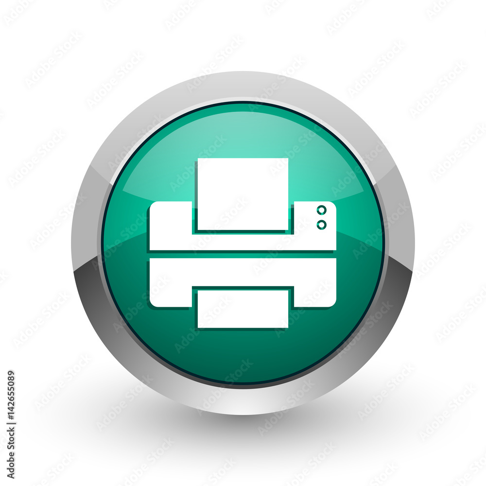 Printer silver metallic chrome web design green round internet icon with shadow on white background. Printer silver metallic chrome web design green round internet icon with shadow on white background.