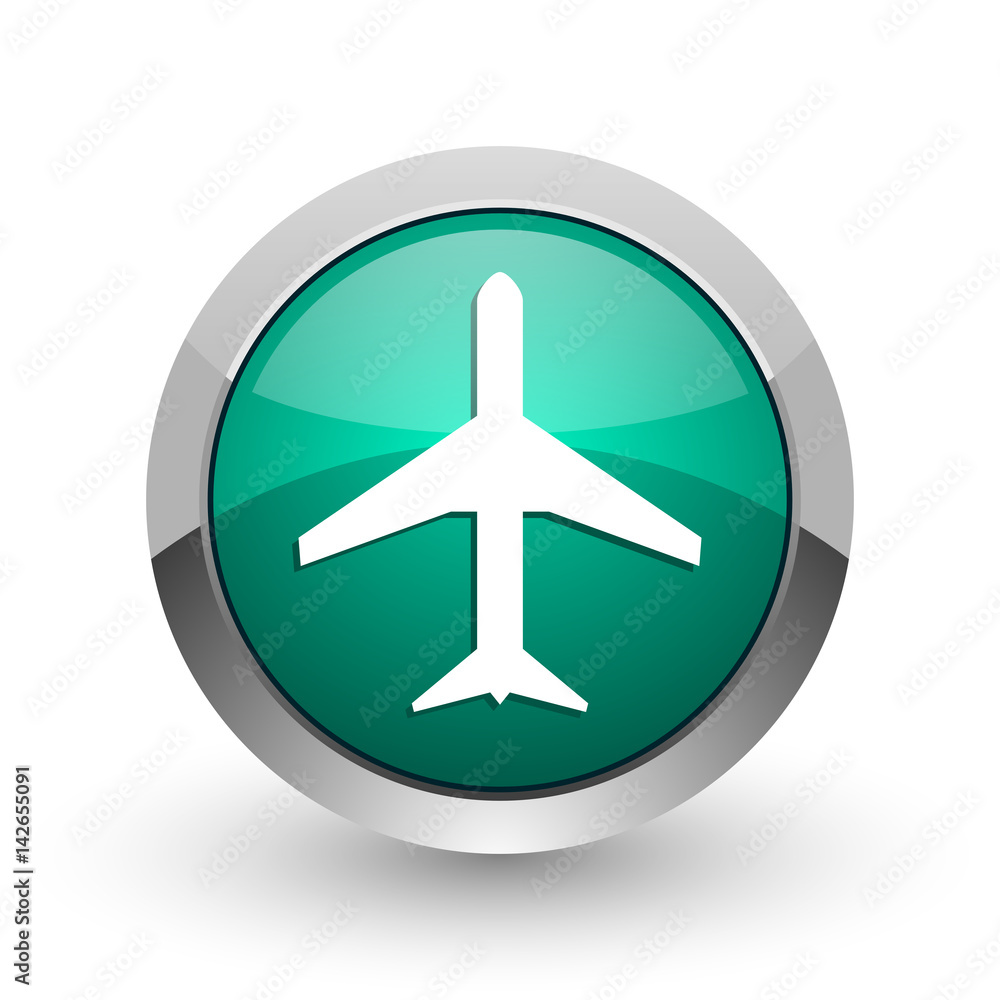 Plane silver metallic chrome web design green round internet icon with shadow on white background.