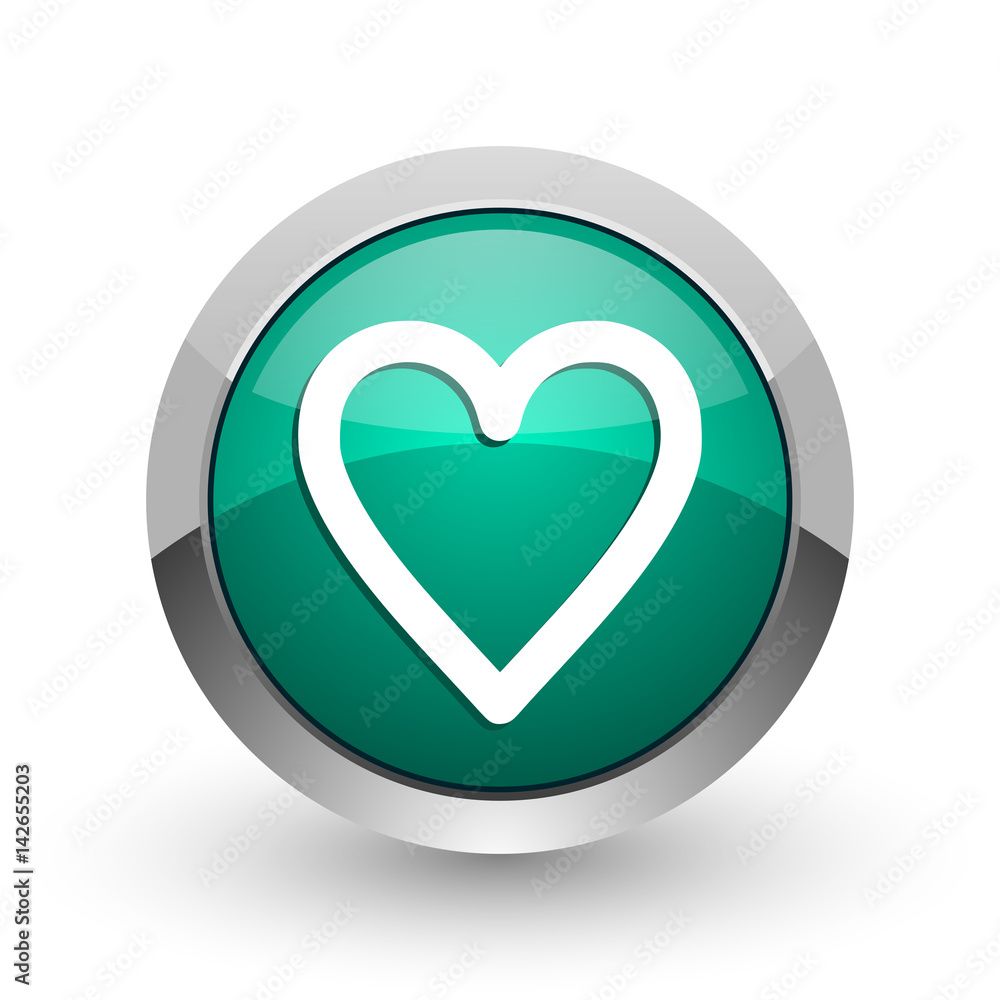 Heart silver metallic chrome web design green round internet icon with shadow on white background. Heart silver metallic chrome web design green round internet icon with shadow on white background.