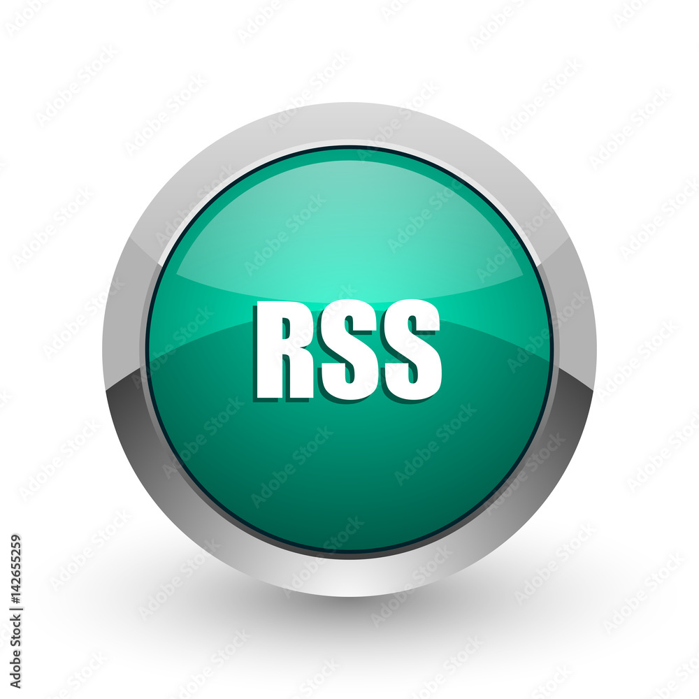 Rss silver metallic chrome web design green round internet icon with shadow on white background. Rss silver metallic chrome web design green round internet icon with shadow on white background.