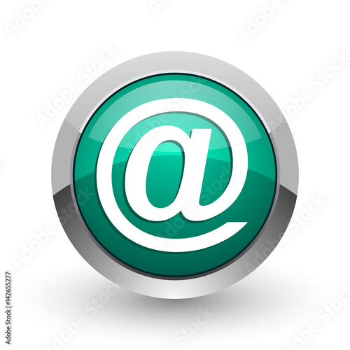 Email silver metallic chrome web design green round internet icon with shadow on white background.