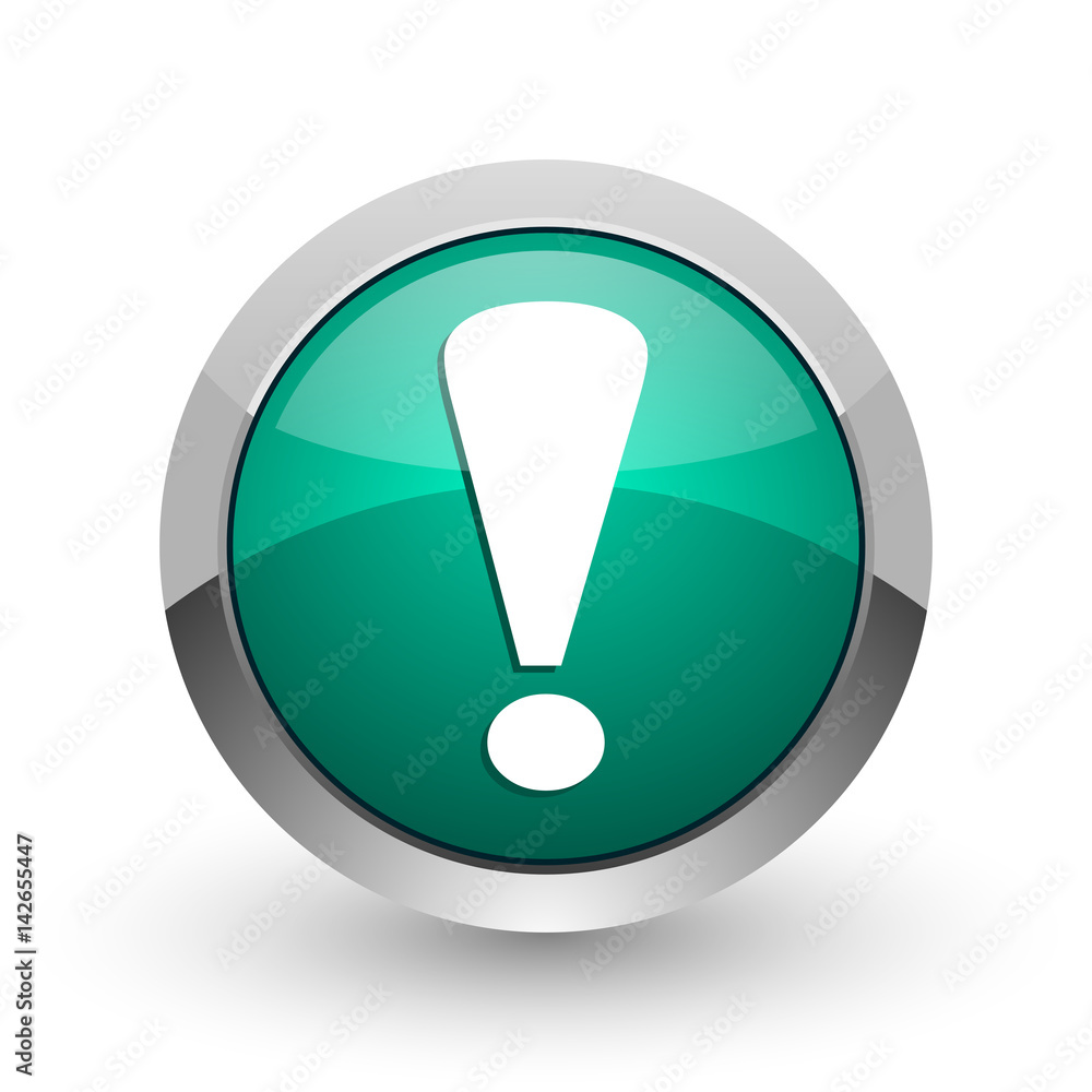 Exclamation sign silver metallic chrome web design green round internet icon with shadow on white background. Exclamation sign silver metallic chrome web design green round internet icon with shadow on white background.