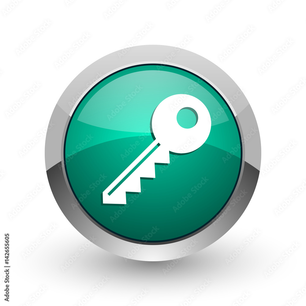 Key silver metallic chrome web design green round internet icon with shadow on white background. Key silver metallic chrome web design green round internet icon with shadow on white background.