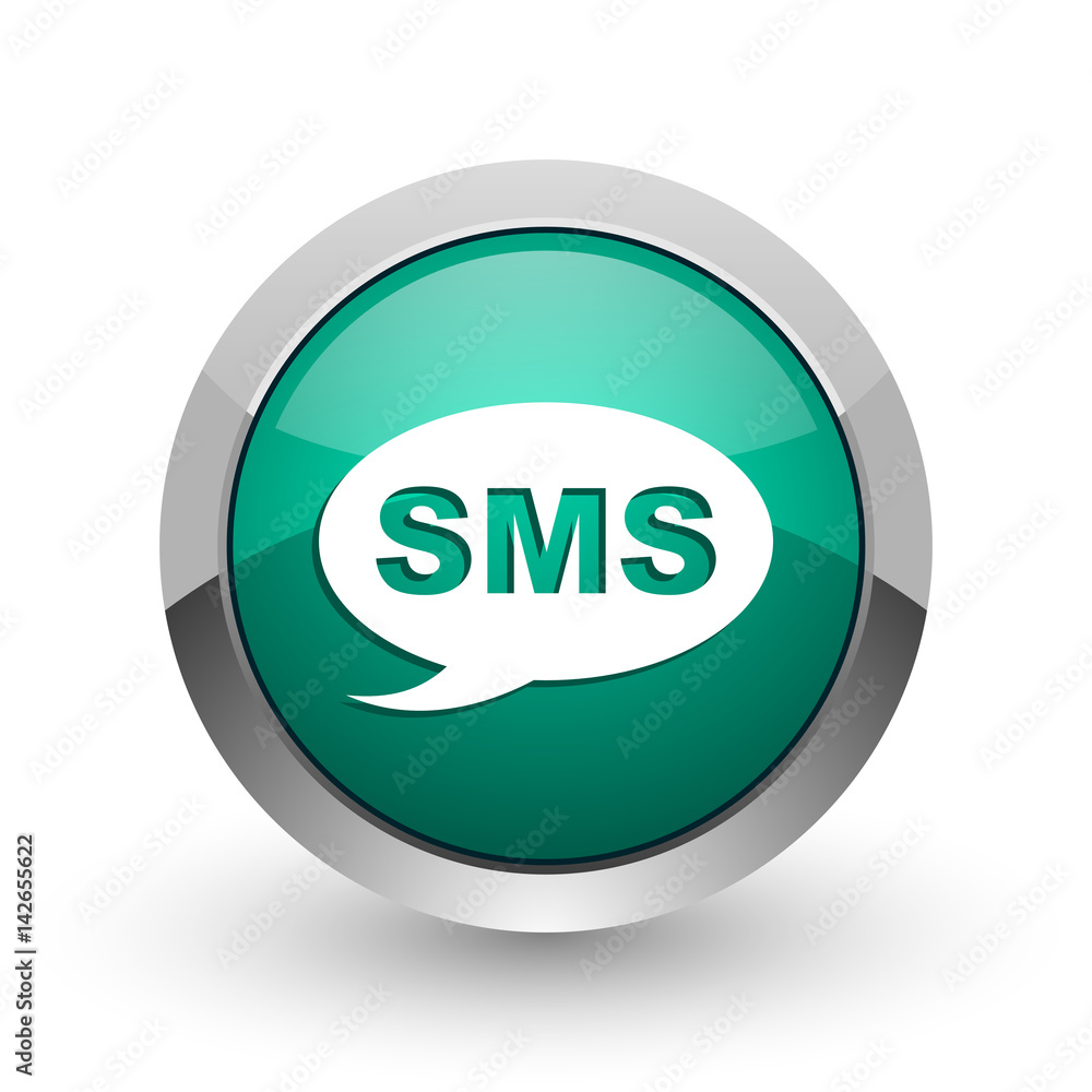 Sms silver metallic chrome web design green round internet icon with shadow on white background. Sms silver metallic chrome web design green round internet icon with shadow on white background.