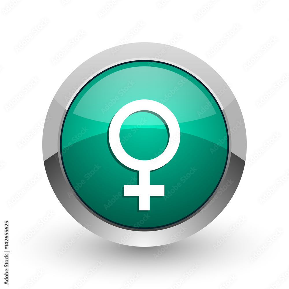 Female silver metallic chrome web design green round internet icon with shadow on white background. Female silver metallic chrome web design green round internet icon with shadow on white background.