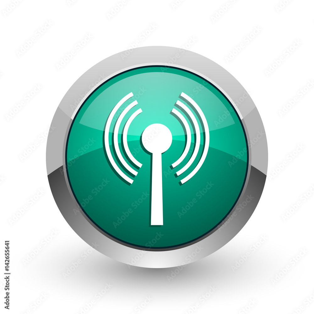 Wifi silver metallic chrome web design green round internet icon with shadow on white background. Wifi silver metallic chrome web design green round internet icon with shadow on white background.