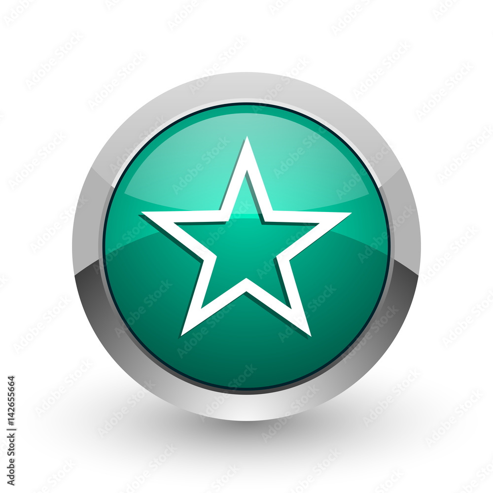 Star silver metallic chrome web design green round internet icon with shadow on white background. Star silver metallic chrome web design green round internet icon with shadow on white background.