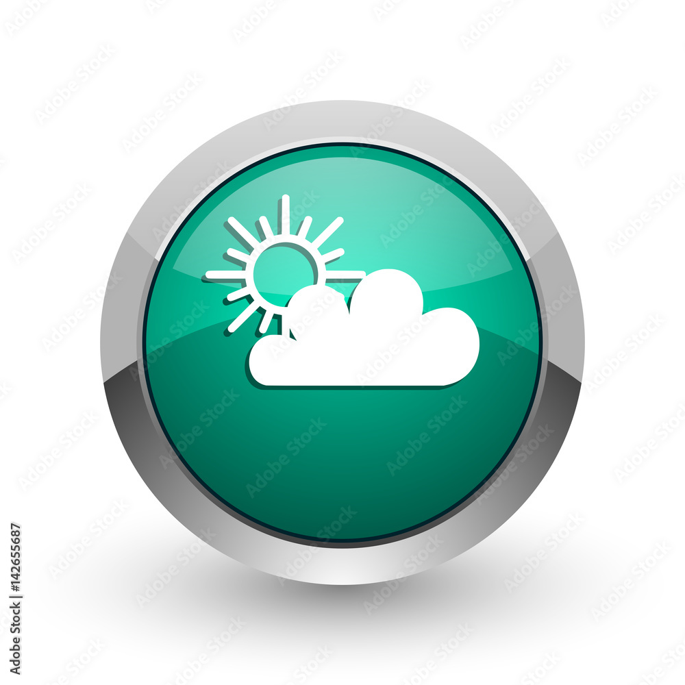 Cloud silver metallic chrome web design green round internet icon with shadow on white background. Cloud silver metallic chrome web design green round internet icon with shadow on white background.