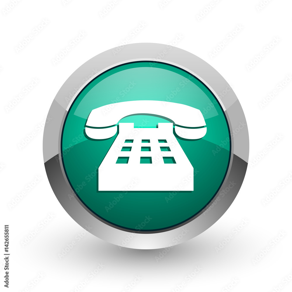 Phone silver metallic chrome web design green round internet icon with shadow on white background. Phone silver metallic chrome web design green round internet icon with shadow on white background.