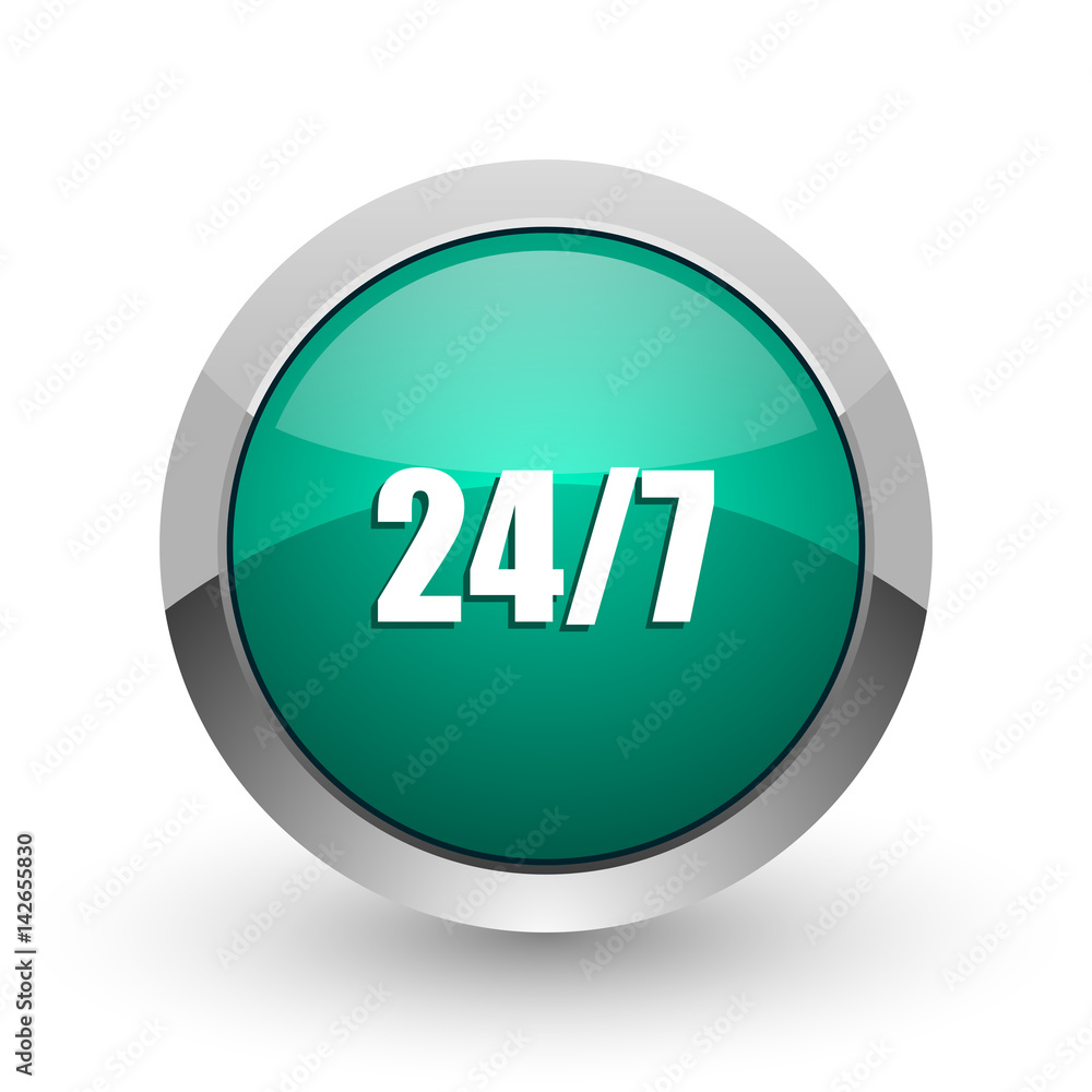 24/7 silver metallic chrome web design green round internet icon with shadow on white background. 24/7 silver metallic chrome web design green round internet icon with shadow on white background.