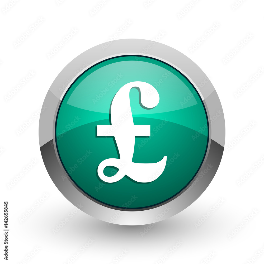 Pound silver metallic chrome web design green round internet icon with shadow on white background. Pound silver metallic chrome web design green round internet icon with shadow on white background.