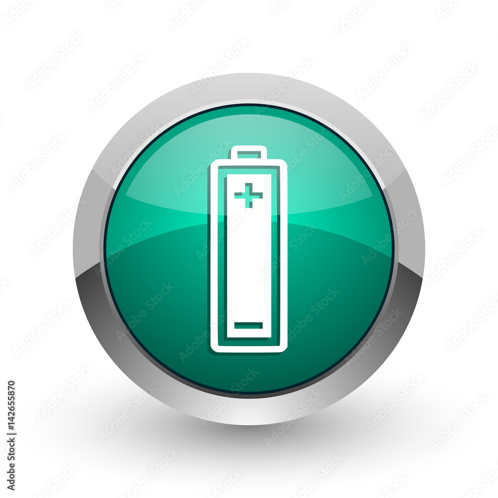 Battery silver metallic chrome web design green round internet icon with shadow on white background. Battery silver metallic chrome web design green round internet icon with shadow on white background.
