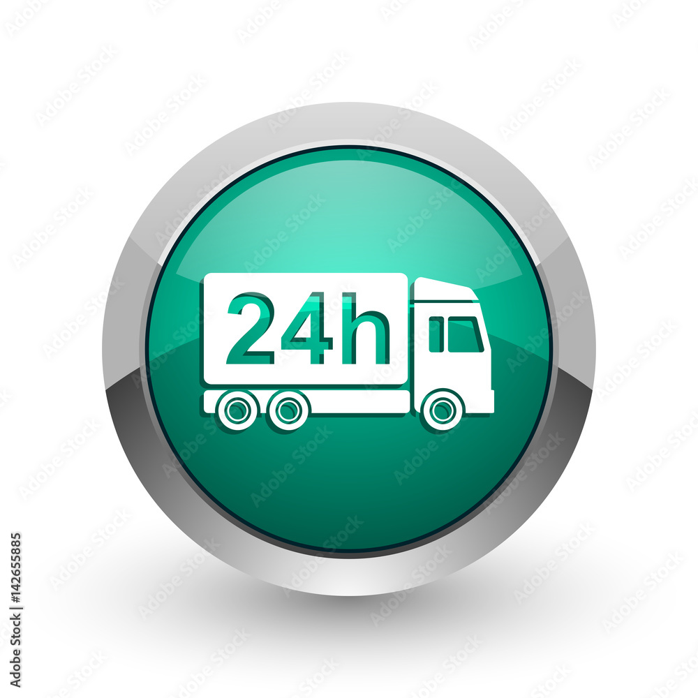 Delivery silver metallic chrome web design green round internet icon with shadow on white background. Delivery silver metallic chrome web design green round internet icon with shadow on white background.