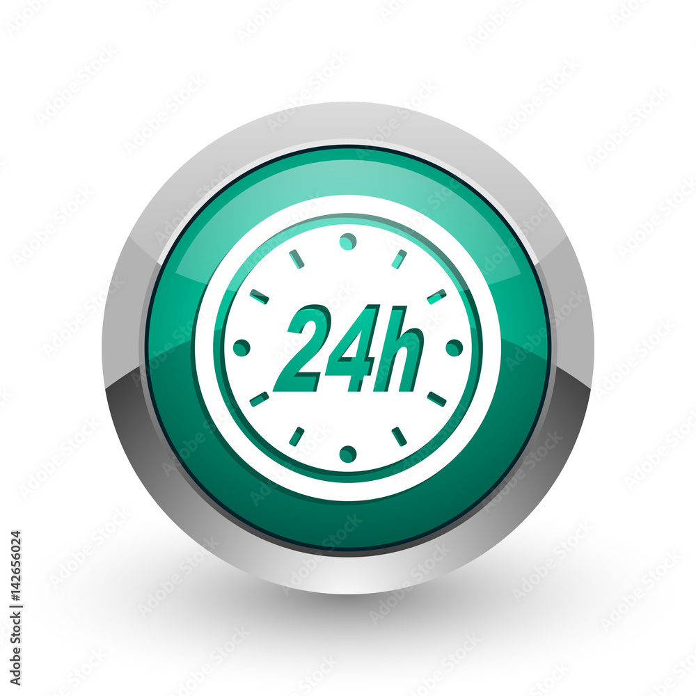 24h silver metallic chrome web design green round internet icon with shadow on white background. 24h silver metallic chrome web design green round internet icon with shadow on white background.
