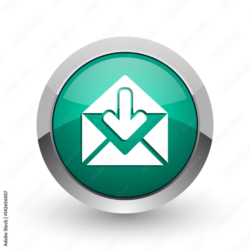 Email silver metallic chrome web design green round internet icon with shadow on white background. Email silver metallic chrome web design green round internet icon with shadow on white background.