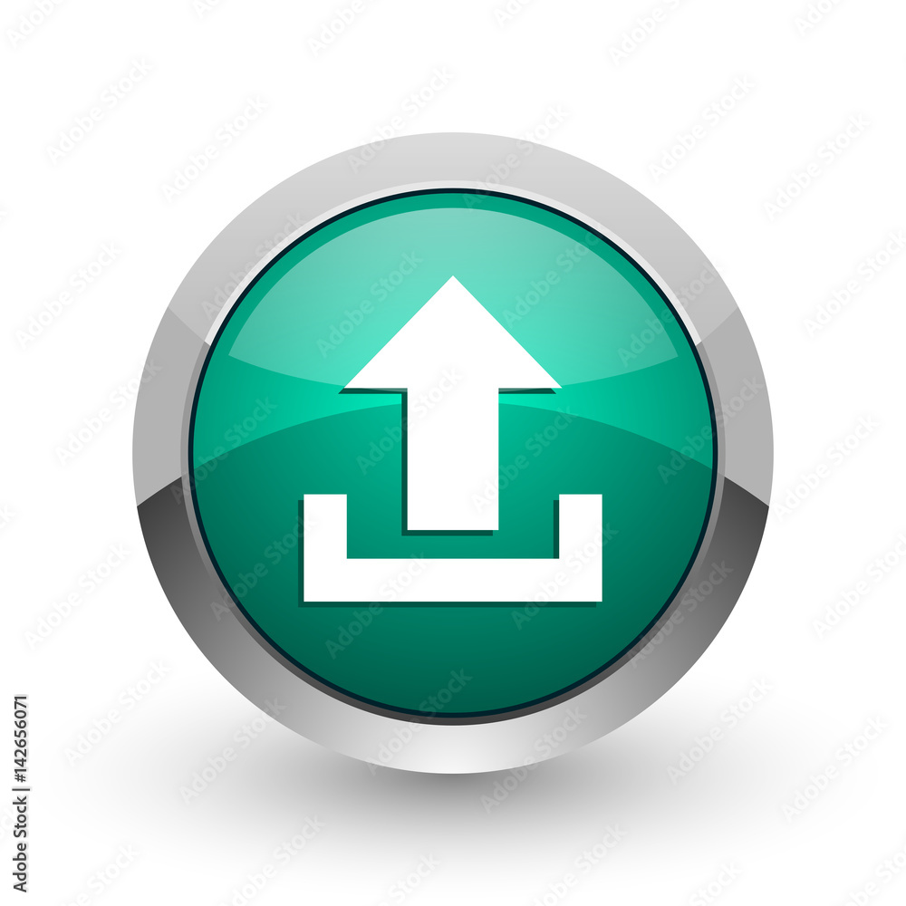 Upload silver metallic chrome web design green round internet icon with shadow on white background. Upload silver metallic chrome web design green round internet icon with shadow on white background.