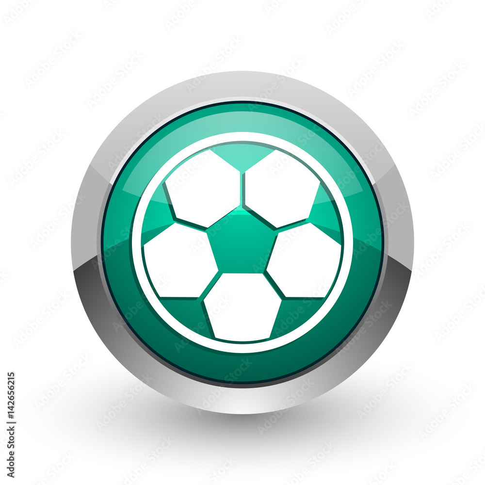 Soccer silver metallic chrome web design green round internet icon with shadow on white background. Soccer silver metallic chrome web design green round internet icon with shadow on white background.