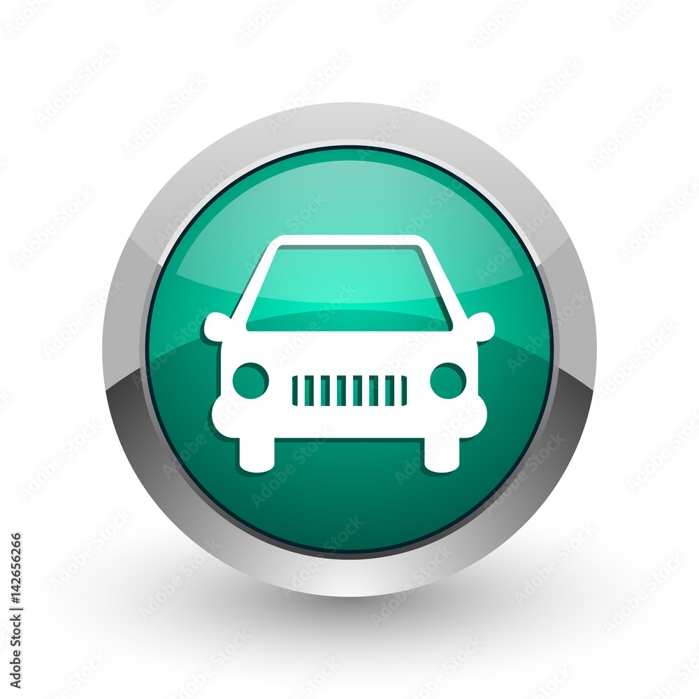 Car silver metallic chrome web design green round internet icon with shadow on white background. Car silver metallic chrome web design green round internet icon with shadow on white background.