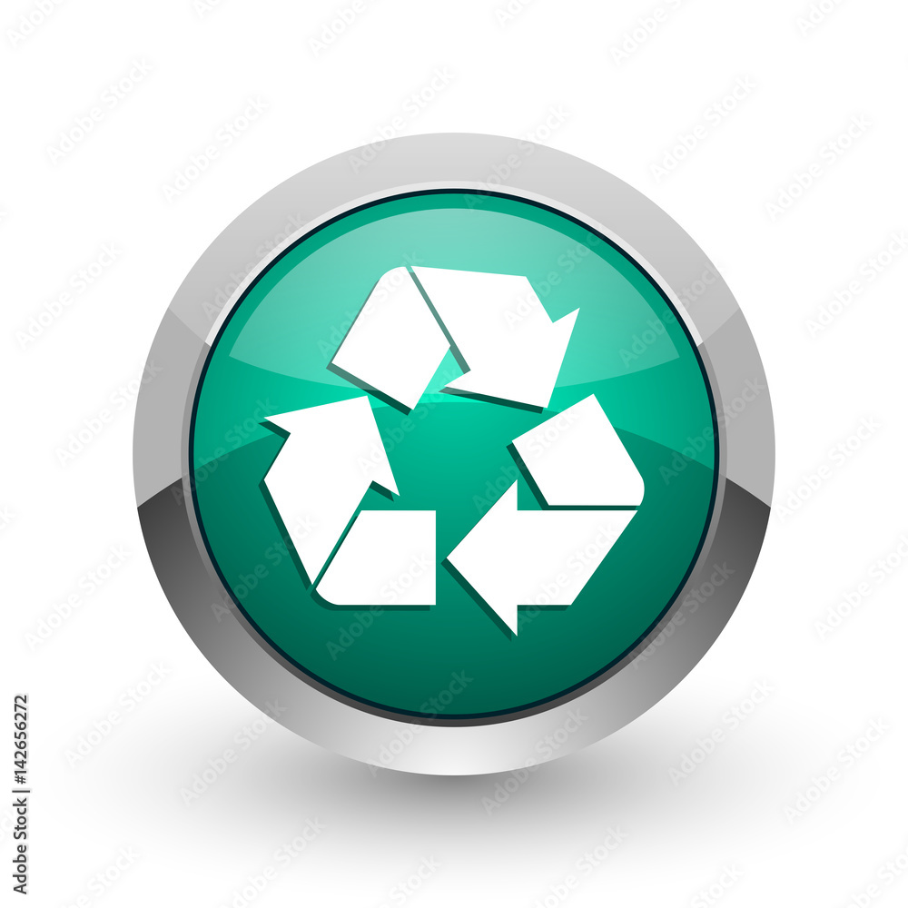 Recycle silver metallic chrome web design green round internet icon with shadow on white background. Recycle silver metallic chrome web design green round internet icon with shadow on white background.