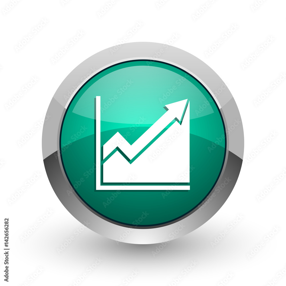 Histogram silver metallic chrome web design green round internet icon with shadow on white background. Histogram silver metallic chrome web design green round internet icon with shadow on white background.
