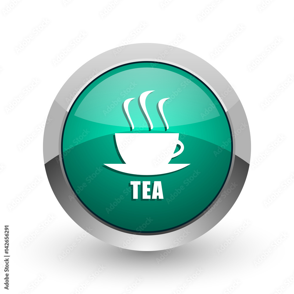 Tea silver metallic chrome web design green round internet icon with shadow on white background. Tea silver metallic chrome web design green round internet icon with shadow on white background.