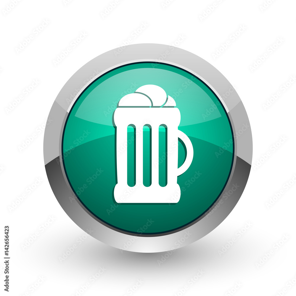 Beer silver metallic chrome web design green round internet icon with shadow on white background. Beer silver metallic chrome web design green round internet icon with shadow on white background.